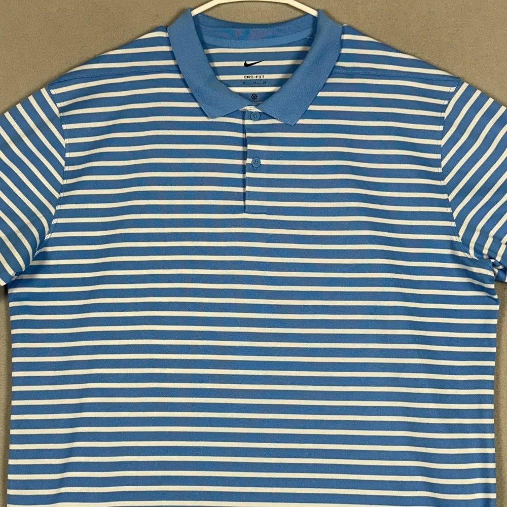 Nike Polo Shirt Mens XL Dri-FIT Blue White Striped Golf Performance Short Sleeve